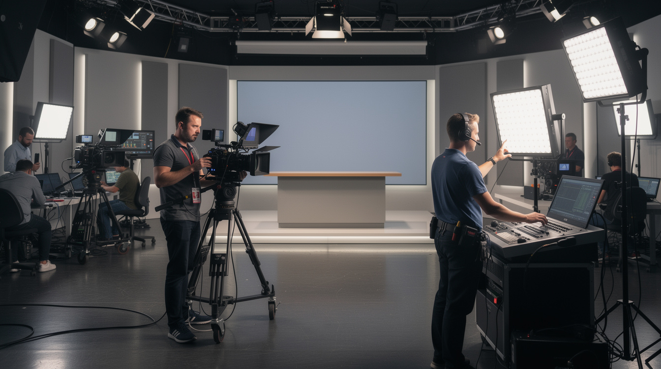 Camera crew filming in a professional studio
