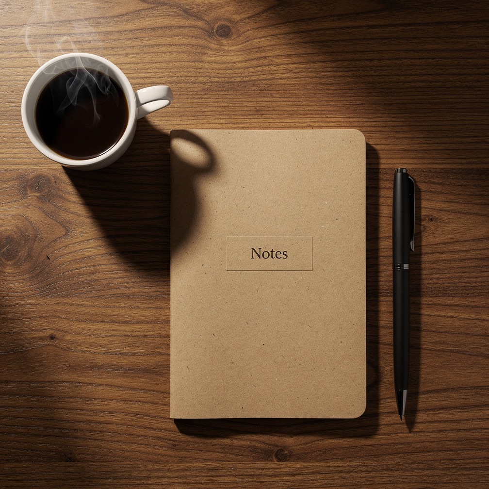 Overhead view of a production desk with notebook and coffee