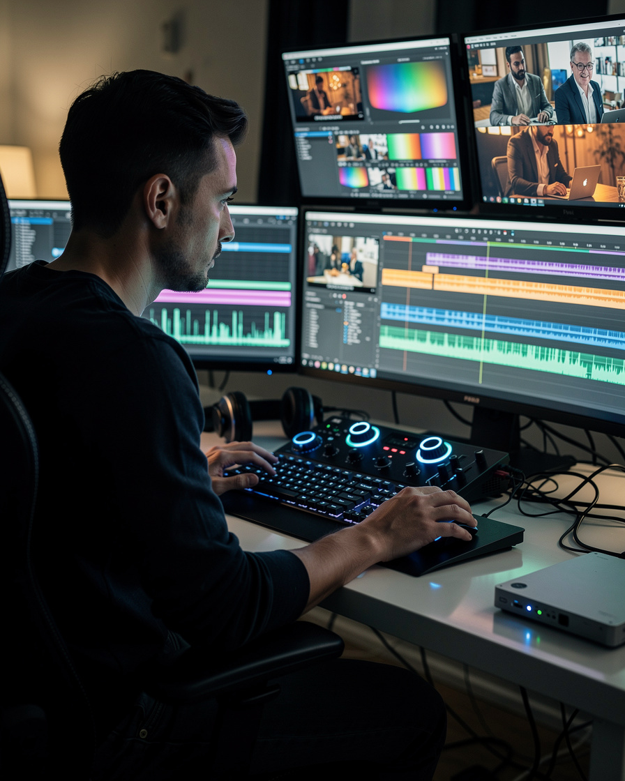 Video editor working at a desk with monitors