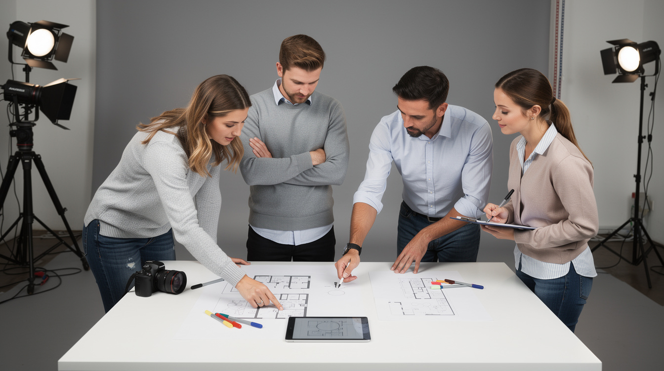 Production team planning an event setup in a studio