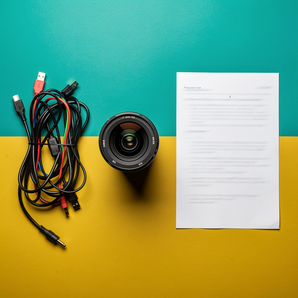 Top down view of a colorful production workspace